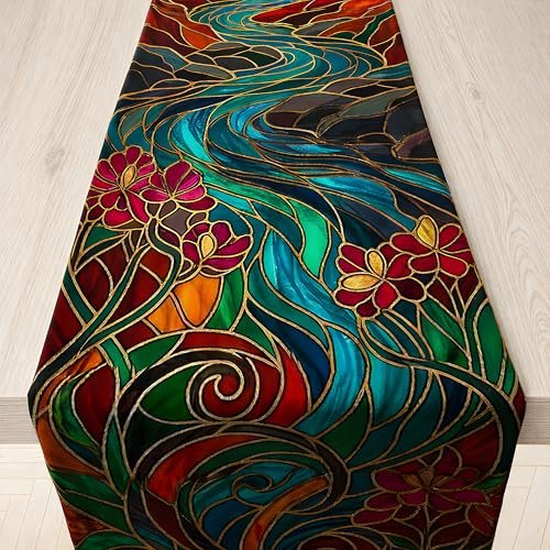 OHOME Fall Decor - Stained Glass Table Runner | Fall Decorations for Home - Thanksgiving Friendsgiving Autumn Centerpieces Backdrop Tablecloth for Tables Room Office Kitchen