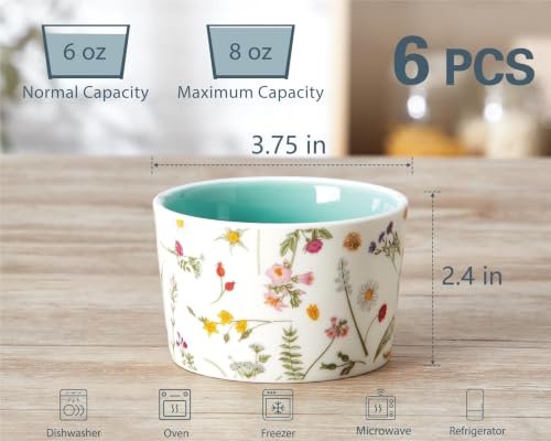 ONEMORE 6 oz Ramekins Oven Safe, Floral Ceramic Ramekin Set of 6 Mint Green Ramekins for Baking & Serving, Creme Brulee Dishes, Custard Pudding Souffle Cups, Small Dessert Bowls for Oven, Air Fryer