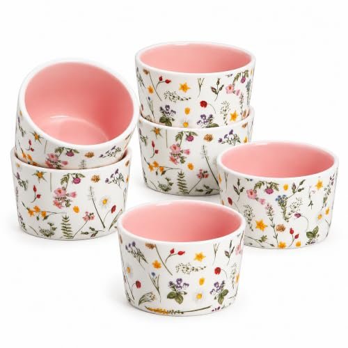 ONEMORE 6 oz Ramekins Oven Safe, Floral Ceramic Ramekin Set of 6 Pink Ramekins for Baking & Serving, Creme Brulee Dishes, Custard Pudding Souffle Cups, Small Dessert Bowls for Oven, Air Fryer