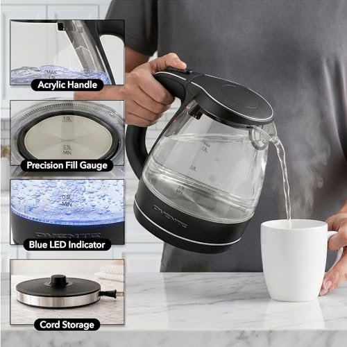 OVENTE 1.5L Glass Electric Kettle Water Boiler, Black KG83B