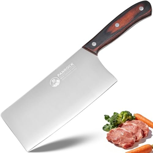 PANROCK Meat Cleaver 7 Inch, Ultra Sharp High Carbon Stainless Steel Chinese Knife, Meat Knife & Slicer with Full Tang Ergonomic Wooden Handle for Home Kitchen