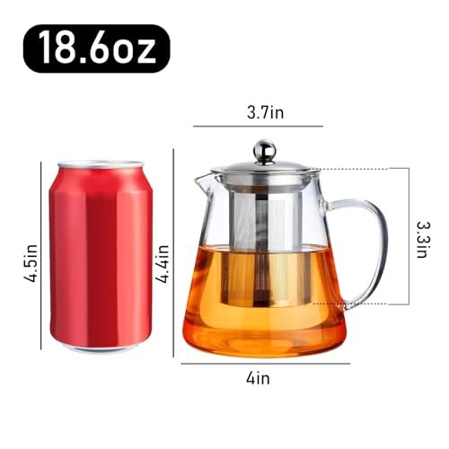PARACITY Glass Teapot Stovetop 18.6 OZ, Borosilicate Clear Tea Kettle with Removable 18/8 Stainless Steel Infuser, Teapot Blooming and Loose Leaf Tea Maker Tea Brewer for Camping, Travel (550ML) | Tea infuser & tea strainer. Blooming tea; clear teapot, bo