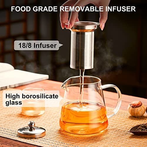 PARACITY Glass Teapot Stovetop 18.6 OZ, Borosilicate Clear Tea Kettle with Removable 18/8 Stainless Steel Infuser, Teapot Blooming and Loose Leaf Tea Maker Tea Brewer for Camping, Travel (550ML) | Tea infuser & tea strainer. Blooming tea; clear teapot, bo