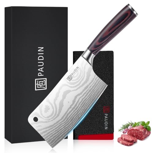 PAUDIN Cleaver Knife, Ultra Sharp Meat Cleaver 7 Inch, High Carbon Stainless Steel Butcher Knife with Wooden Handle, Chinese Cleaver for Meat Cutting Vegetable Slicing