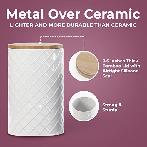 Pebble & Stem® White Metal Canister Set for the Kitchen Counter, Food Canister Set of 4, Airtight Lids, Sugar and Flour Containers for Countertops, Coffee and Tea Storage, Farmhouse Decor