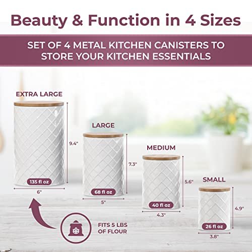 Pebble & Stem® White Metal Canister Set for the Kitchen Counter, Food Canister Set of 4, Airtight Lids, Sugar and Flour Containers for Countertops, Coffee and Tea Storage, Farmhouse Decor
