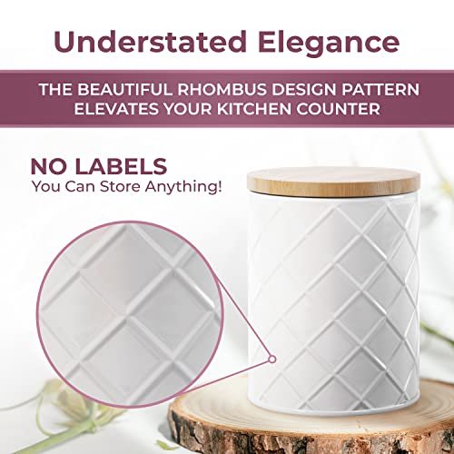 Pebble & Stem® White Metal Canister Set for the Kitchen Counter, Food Canister Set of 4, Airtight Lids, Sugar and Flour Containers for Countertops, Coffee and Tea Storage, Farmhouse Decor