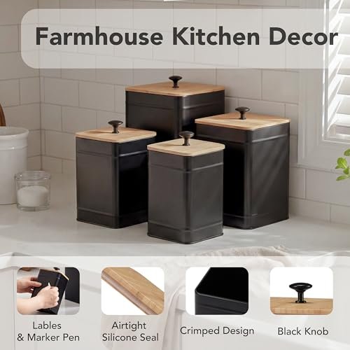 PERFNIQUE Kitchen Canisters, Airtight Canister Sets for Kitchen Counter, Kitchen Canisters for Countertop Set of 4, Coffee Tea Sugar Flour Spice Tin Jars Food Storage Container with Lid(Black)