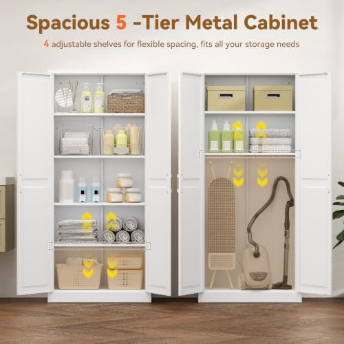 Polup 71" White Metal Kitchen Pantry Storage Cabinet with Doors and Shelves