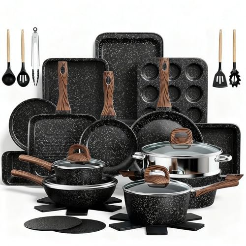 Pots and Pans Set Non Stick, 31 Piece Kitchen Induction Cookware & Bakeware Set, Nonstick Kitchen Cooking Pans Set with Frying Pans Set Grill Pan Saucepan Baking Sheet & Utensils, PFOA Free