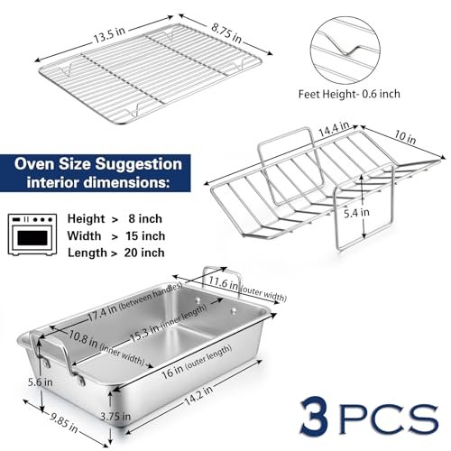 P&P CHEF 16" Roasting Pan with Racks, Stainless Steel Roaster Turkey Pan