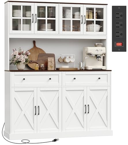 PRAISUN 71''H x 55.1''W Pantry Cabinet with Charging Station, 4 Wide Cabinets Kitchen Pantry with 2 Drawers, Farmhouse Hutch Storage Cabinet, Tall Coffee Bar, Acrylic Door, Adjustable Shelves, White