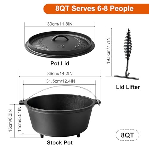 Pre-Seasoned 8QT Large Cast Iron Camping Dutch Oven Pot with Lid