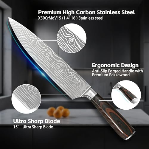Professional Kitchen Chef Knife sets, Razor Sharp Premium High Carbon German Steel 3 pcs Knife Set, Ergonomic Forged Pakkawood Handle, Chef, Santoku & Utility Knife, With Premium Gift Box, for Family