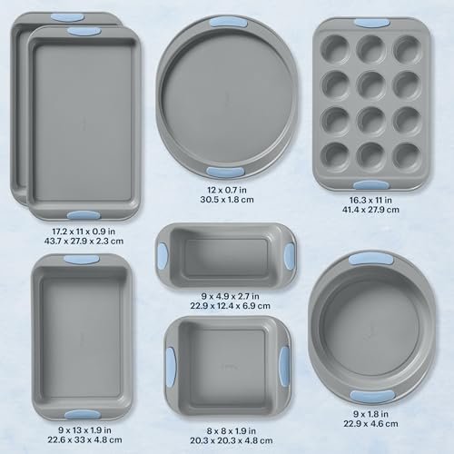 Pyrex 8-Piece Metal Bakeware Set with Heatsafe Silicone Handles, Cerulean