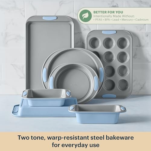 Pyrex 8-Piece Metal Bakeware Set with Heatsafe Silicone Handles, Cerulean