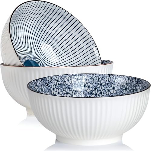 QINLANG 60 oz Large Soup Bowl, Pho Bowls, Japanese Ramen Bowls Set of 3, 8 in Blue and White Porcelain Big Bowls for Eating - 3 Mixing Patterns