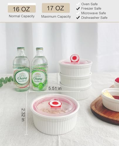 Ramekins 16 oz Oven Safe, Ceramic Creme Brulee Ramekins with Lids Set of 4