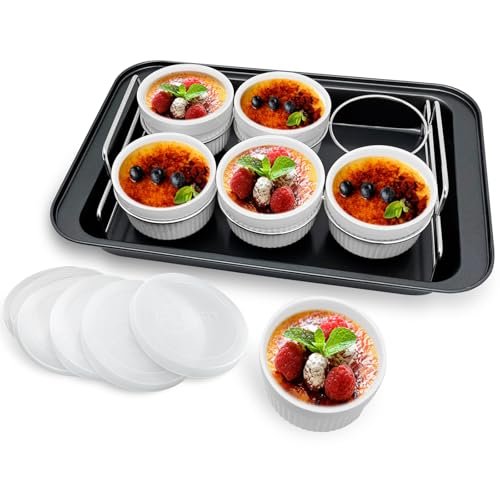 Ramekins Set with 6 Silicone Lids, Mothers Day Gifts Creme Brulee Making Set, Set of 6 Porcelain Ramekins, Oven Safe Covered Bowls & Soufflé Ramiken