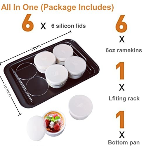 Ramekins Set with 6 Silicone Lids, Mothers Day Gifts Creme Brulee Making Set, Set of 6 Porcelain Ramekins, Oven Safe Covered Bowls & Soufflé Ramiken