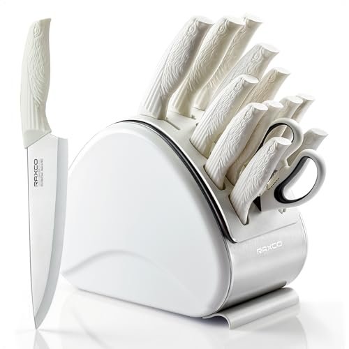 Raxco 15-Piece White Knife Set with Block and Built-in Sharpener