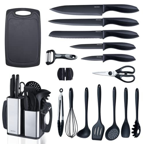 RAXCO Kitchen Utensils Set,18-Piece Cooking Utensils and Knife Set,Black