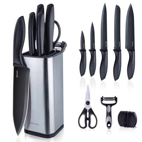 RAXCO Knife Set,10-Piece Stainless Steel Kitchen Knife Set with Block,Black