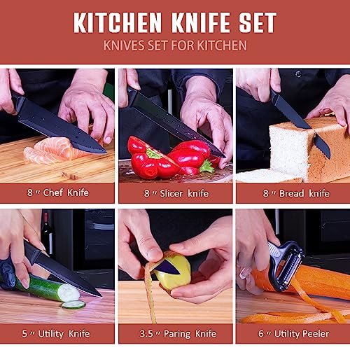 RAXCO Knife Set,10-Piece Stainless Steel Kitchen Knife Set with Block,Black