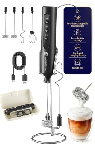Rechargeable Milk Frother with Stand, 4 Interchangeable Whisks & Travel Case – Handheld Mixer for Lattes, Matcha, Hot Chocolate, Eggs & Protein Shakes