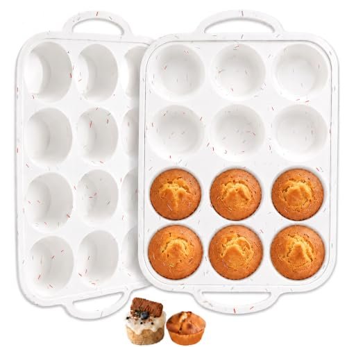 Redfly Silicone Muffin Pans for Baking 12 Cup with Metal Reinforced Frame, Nonstick 2Pack Regular Size Cupcake Pan, BPA Free Food Grade, Easy Release, Dishwasher Oven Freezer Safe for Egg Bite Molds