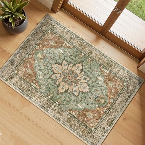 RELEANY Washable Area Rug, Small 2'x3', Brick/Brown/Green
