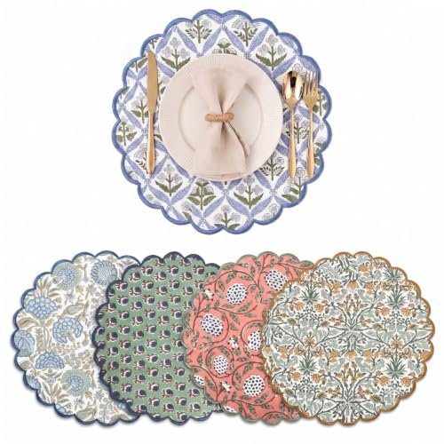Ridhi Floral Block Print Round Placemats 15" in, Set of 4, Assorted Design