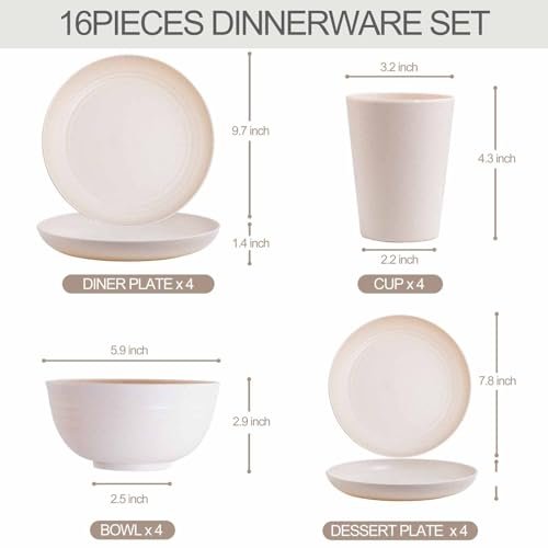 Rubtlamp Wheat Straw Dinnerware Sets, 16PCS Plastic Dinnerware Set for 4, Wheat Straw Plates and Bowls Sets, Unbreakable Dinnerware Plastic Microwave Safe Dishes Set for Kitchen&Camping
