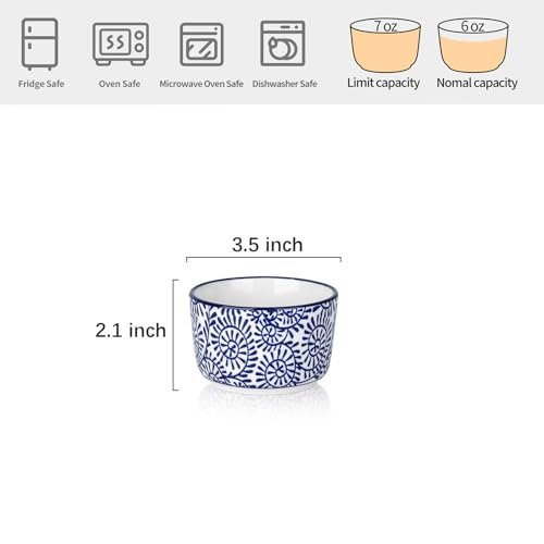 Selamica Ceramic 6 Oz Ramekins Oven Safe, Creme Brulee Ramekins, Souffle Dishes Custard Cups for Baking, Mini Bowls for Pudding Dip Ice Cream, Set of 6, Vintage Blue