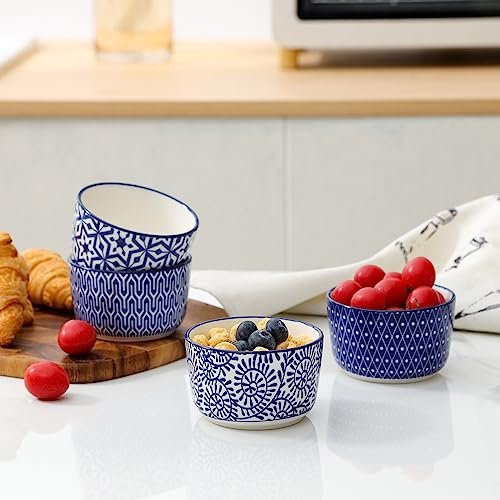 Selamica Ceramic 6 Oz Ramekins Oven Safe, Creme Brulee Ramekins, Souffle Dishes Custard Cups for Baking, Mini Bowls for Pudding Dip Ice Cream, Set of 6, Vintage Blue