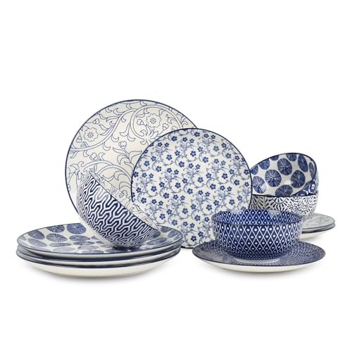 Selamica Ceramic Dinnerware Sets, 12 pcs Plates and Bowls Sets,Vintage Blue
