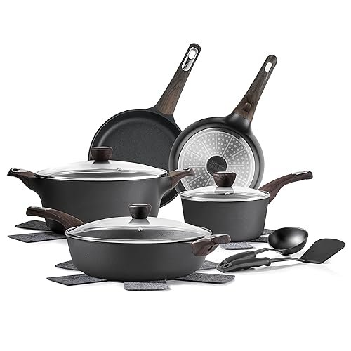 SENSARTE Pots and Pans Set Non stick, Non toxic Healthy Induction Cookware Sets, 14 Pcs Non Stick Kitchen Cooking Set with Frying Pans Set & Saucepan, PFOA PFOS Free, Black