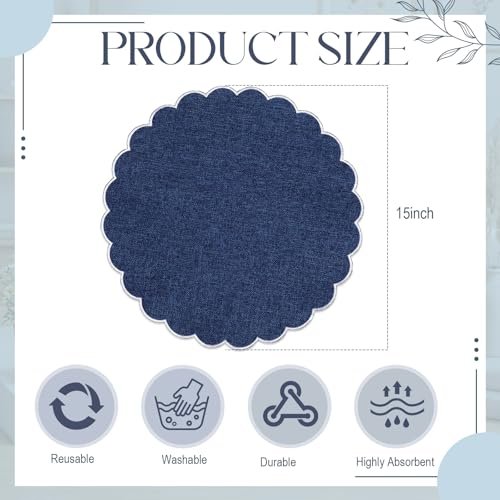Set of 12 Navy Blue Cotton Placemats 15" Round Scalloped White