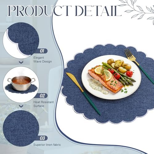 Set of 12 Navy Blue Cotton Placemats 15" Round Scalloped White
