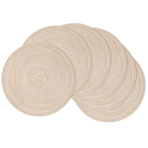 SHACOS 15 inch Round Placemats Set of 6, Cotton Polyester Woven Braided Place Mats, Washable Heat Resistant Circle Table Mats for Dining Table (Beige, 6)