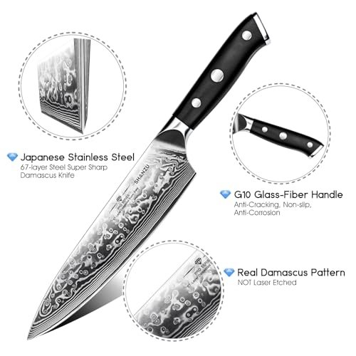 SHAN ZU Damascus Knife Set, Japanese Super Steel 3 PCS Damascus High Carbon Professional Ultra-Sharp Kitchen Chef Knife Set with G10 Handle Gift Box