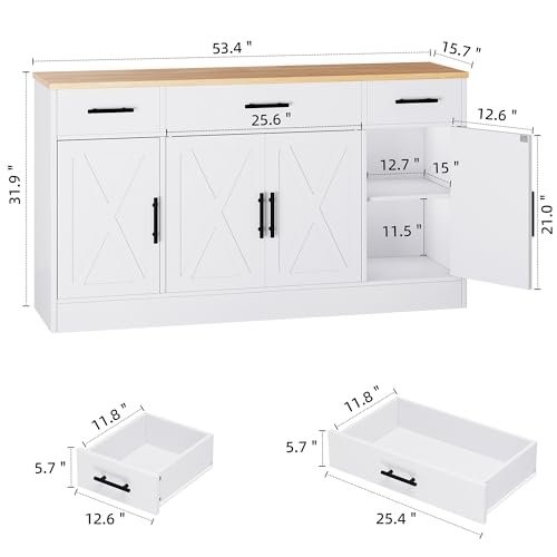 Shintenchi Buffet Cabinet with Storage,53.4" Large Kitchen Storage Cabinet with 3 Drawers and 4 Doors,Wood Farmhouse Buffet Sideboard with Adjustable Shelf for Kitchen Living Room, White