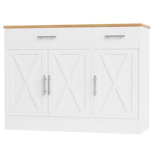 Shintenchi Modern Farmhouse Sideboard Buffet Cabinet with Storage with 3 Doors,42" Barn Doors Buffet Cabinet with Storage, Wood Coffee Bar Cabinets with Adjustable Shelf for Kitchen Living Room,White