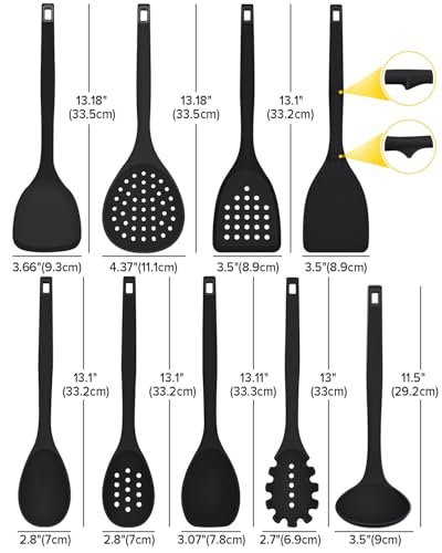 Silicone Cooking Utensils Set, 9 Pcs Heat Resistant Kitchen Utensils with Back Hooks, BPA Free Kitchen Tools with Spatulas, Spoons, Skimmer and Pasta Fork for Non Stick Cookware (BLACK)