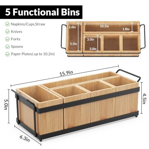 Silverware Holder for Party, Bamboo Utensil Caddy with 5 Removable Bins.