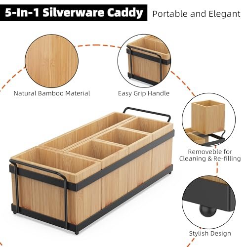Silverware Holder for Party, Bamboo Utensil Caddy with 5 Removable Bins.