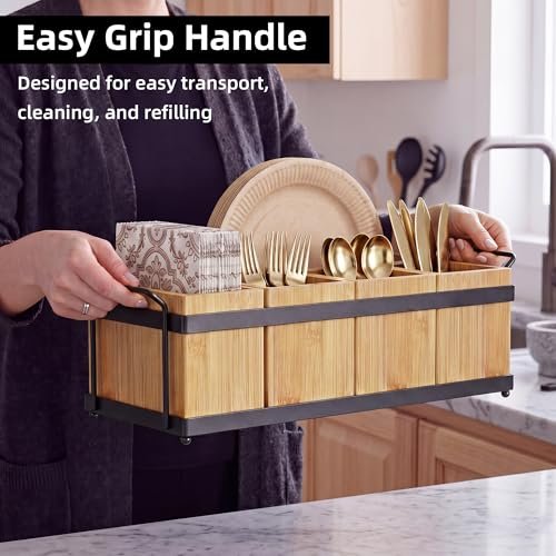Silverware Holder for Party, Bamboo Utensil Caddy with 5 Removable Bins.