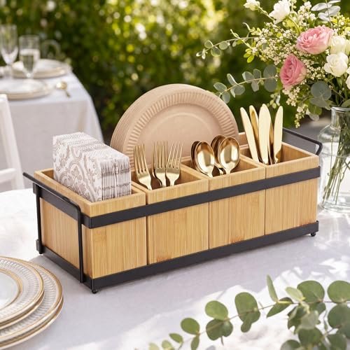 Silverware Holder for Party, Bamboo Utensil Caddy with 5 Removable Bins.