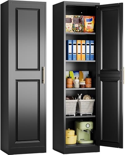 SISESOL 71" Tall Narrow Storage Cabinet with 1 Door and 5 Shelves,Slim Kitchen Pantry Cabinet,Black Metal Bathroom Cabinets,Large Cupboard for Home,Kitchen,Laundry,Bathroom
