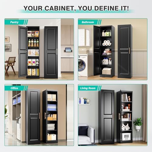 SISESOL 71" Tall Narrow Storage Cabinet with 1 Door and 5 Shelves,Slim Kitchen Pantry Cabinet,Black Metal Bathroom Cabinets,Large Cupboard for Home,Kitchen,Laundry,Bathroom